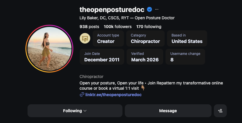 The Open Posture Doc TikTok profile with 93,100 followers