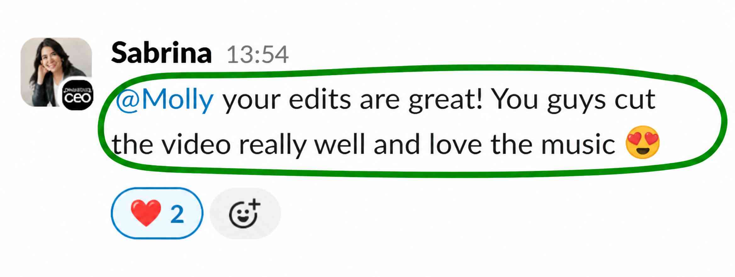 Client message praising edits and music